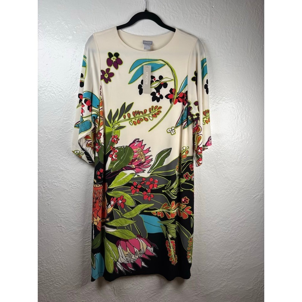 New Chico's Kimono Sleeve Dress Medium Buttercream Botanical Art to Wear Retro